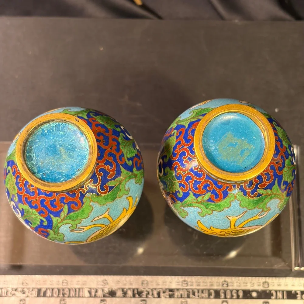 Vintage Chinese Cloisonne Enamel Phoenix Miniature Bud Vases Pair Turquoise 4in
